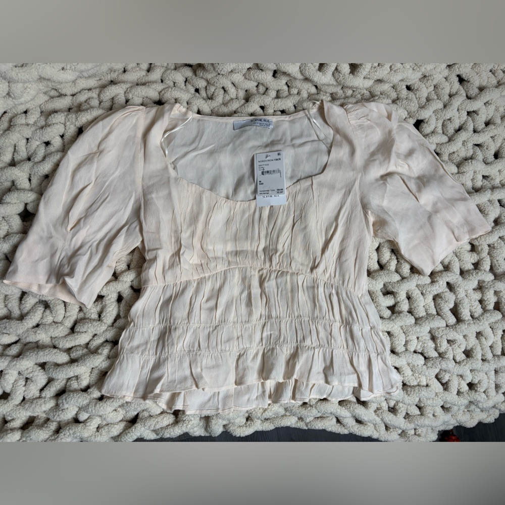 New! Sophie rue To Neck Short Puff Sleeves Ruche Ivory Ecru Top Size M